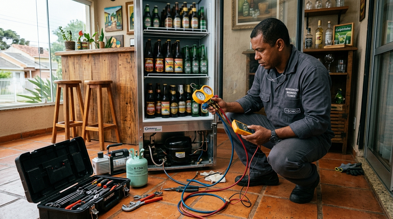 Técnico revisando o motor de uma cervejeira durante chamado em Praia Grande‑SP