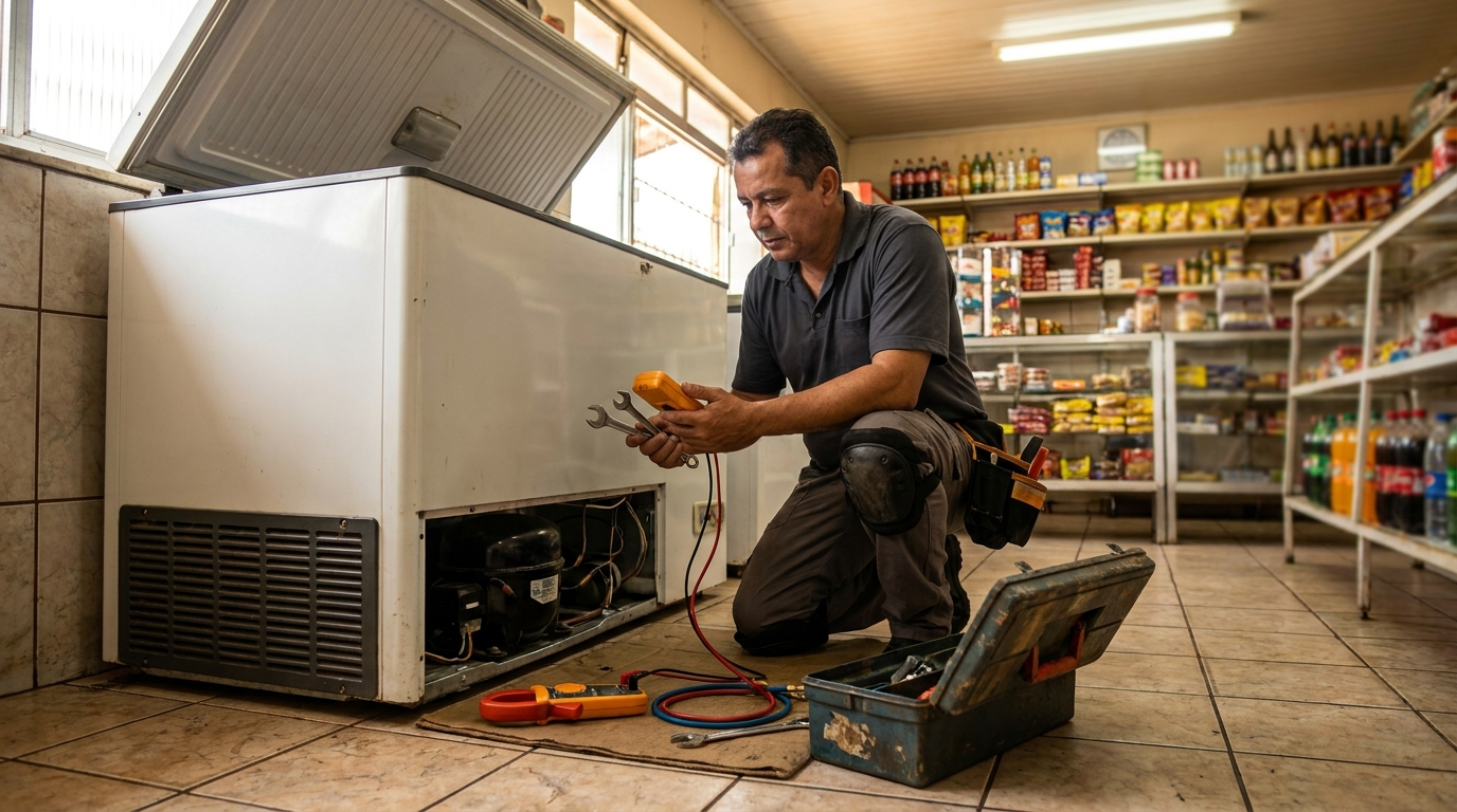 Técnico reparando o motor de um freezer horizontal em Praia Grande‑SP