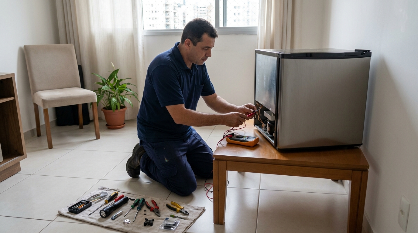 Técnico revisando o motor de um frigobar em Praia Grande‑SP